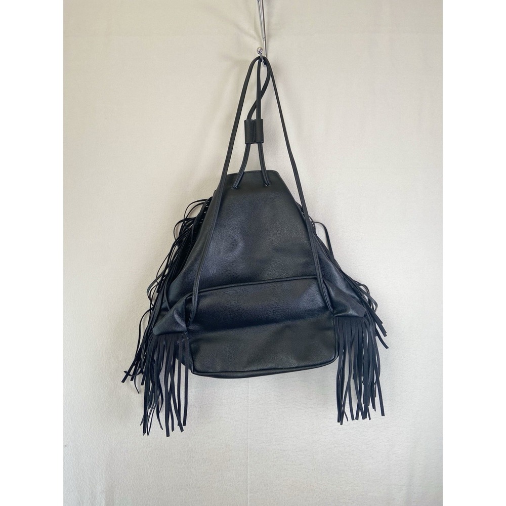 Victoria's Secret Black Fringe Backpack Drawstring Boho Bucket Bag Womens - Picture 2 of 7